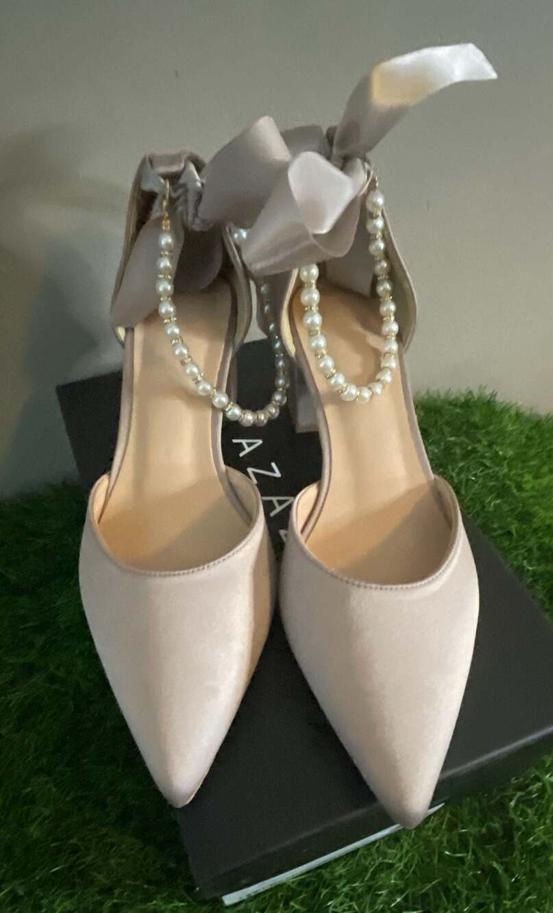Azazie Taupe Matte Satin Pearl and Bow Pointed Toe Block Heels Size 8